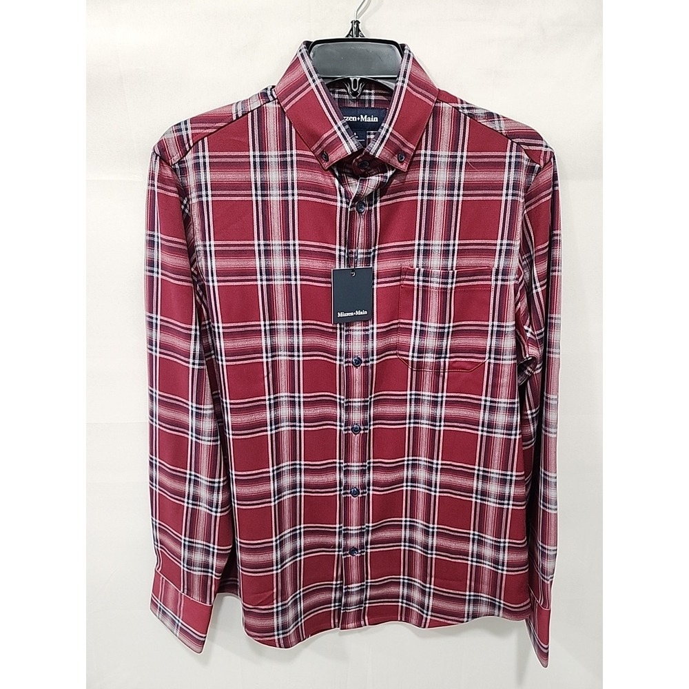 MIZZEN+MAIN NWT Shirt Mens S Trim City Flannel Plaid Long Sleeve Button Up Red‎